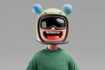 Aufkleber - A cheerful 3D cartoon character wearing a yellow helmet with blue accents and goggles, smiling broadly.