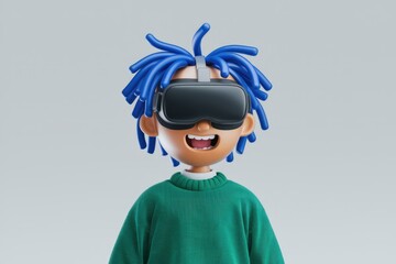 Poster - A happy cartoon boy with blue hair enjoys a virtual reality experience wearing a VR headset.