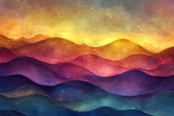 Aufkleber - Abstract watercolor painting of colorful rolling hills under a starry night sky.