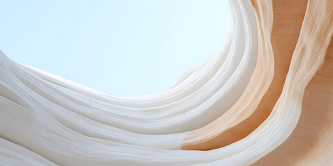 Poster - Abstract swirls of light beige and white fabric creating a dynamic, flowing pattern against a bright sky.