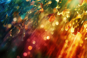 Poster - Rain-kissed autumn leaves glisten, showcasing nature's vibrant fall colors and bokeh.