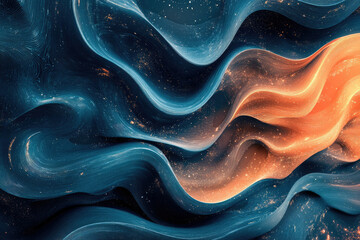 Aufkleber - Abstract art depicting flowing, luminous waves in teal and orange, interspersed with glittering particles.