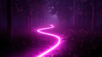 Poster - A vibrant, winding neon pink line illuminates a dark, misty forest path