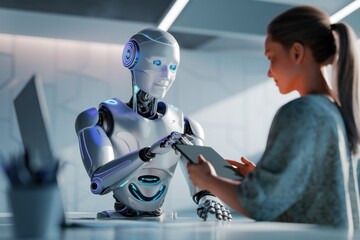 Poster - A humanoid robot interacts with a human, handing over a tablet, showcasing technological advancement and human-robot collaboration.