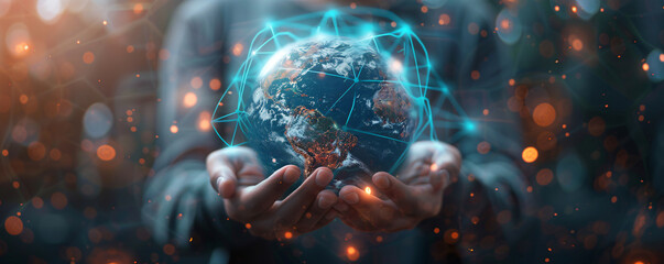 Poster - Businessman holding glowing earth globe with network connection lines, representing global business, technology, and communication