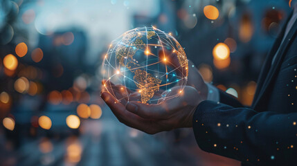 Poster - Businessman holding a glowing earth with network connections representing global business and technology
