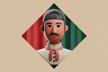 Poster - 3D rendered illustration of a man with a mustache, wearing a cap and collared shirt, set against a red and green striped background.
