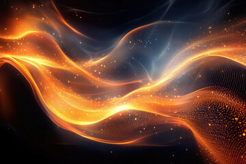 Poster - Abstract glowing waves of golden particles and light, flowing smoothly in dark space.