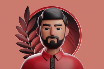 Poster - 3D rendered illustration of a man with a beard wearing a red polo shirt, set against a dark circular background.