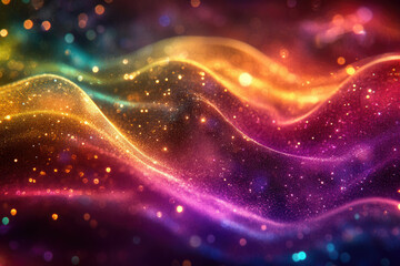 Poster - Abstract colorful glittering waves, cosmic dust and light particles forming vibrant patterns.