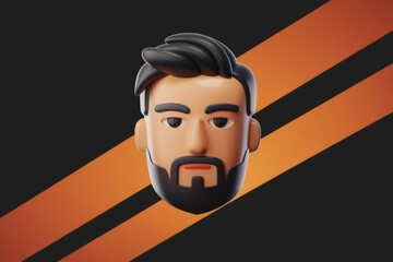 Poster - 3D rendering of a man's head with short, dark hair and a beard, against a dark background with orange stripes.