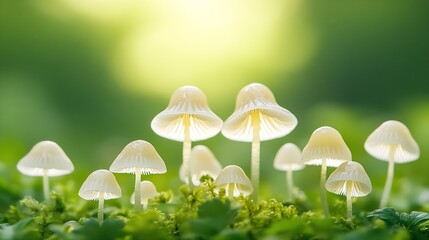 Poster - Delicate White Mushrooms in Lush Green Forest Setting in Sunshine : Generative AI