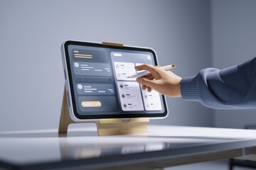 Aufkleber - Hand using stylus on tablet displaying organized digital information.