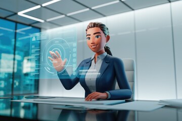 Aufkleber - A 3D animated businesswoman interacts with a futuristic holographic interface in a modern office setting.