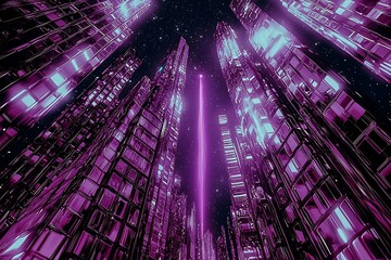 Poster - Illuminated Futuristic Skyscrapers with Pulsating Pink Lighting Against Starry Sky : Generative AI