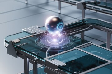 Poster - Futuristic factory automation: A metallic sphere hovers over a transparent control panel, showcasing advanced technology.