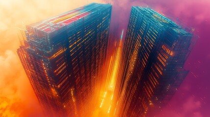 Aufkleber - Ethereal Skyscrapers in a Surreal Neon Twilight with Magical Glow of a Futuristic City : Generative AI