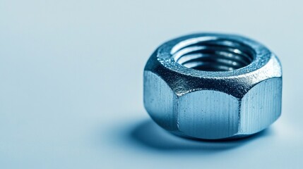 Wall Mural - Hex nut, steel, blue background, close-up, industrial