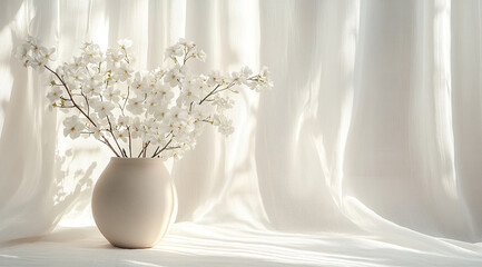 Poster - White flowers in a vase with soft sunlight through sheer curtains, peaceful atmosphere