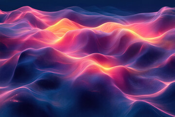 Poster - Abstract digital landscape with glowing, undulating waves in vibrant pink, purple, and orange hues.
