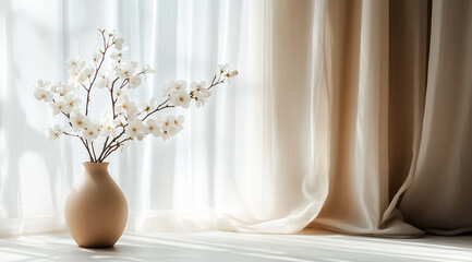 Poster - White flowers in a vase with soft light from a window, gentle shadow play on a peaceful surface