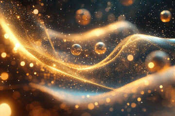 Aufkleber - Golden particles swirl in a dark space, creating a luxurious and elegant abstract design with bokeh effects.