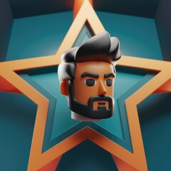 Poster - 3D render of a stylized male head with a beard, set against an orange star background.