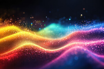 Poster - Vibrant, colorful particle waves flow across a dark background, creating a dynamic and mesmerizing visual.
