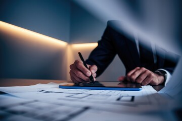 Poster - A businessman uses a stylus on a tablet, reviewing blueprints and plans in a dimly lit office.