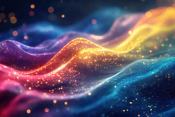 Poster - Abstract art depicting glittering, colorful waves in shades of blue, orange, and purple, resembling a cosmic landscape.