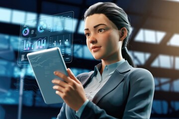 Leinwandbilder - Businesswoman analyzing data on a tablet, showcasing financial charts and graphs on a futuristic interface.