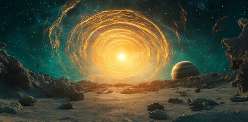 Fototapete - A high-tech artificial planet encircled by ethereal rings of light, adorned with energy grids and digital patterns on its surface