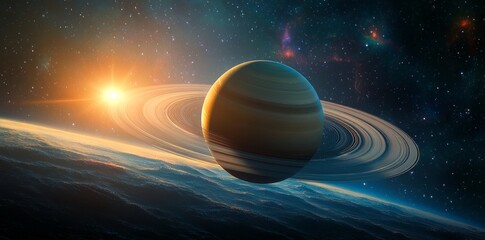 Poster - a high-tech, artificial planet surrounded by ghostly light rings, featuring energy grids and digital
