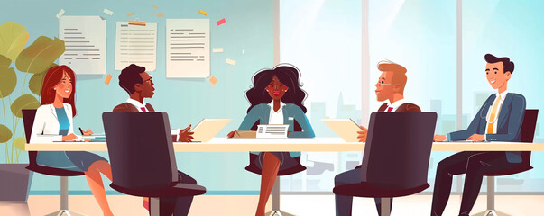 Aufkleber - Diverse businesspeople having conversation about startup project during brainstorming meeting in office