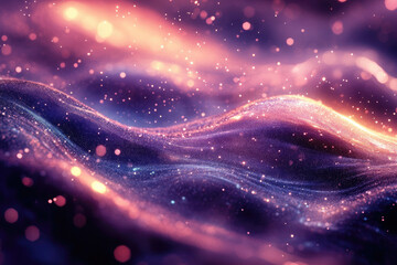 Poster - Abstract glitter wave background with pink, purple, and orange glowing particles.