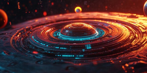 Poster - a close-up shot of an engaging space interface that includes 3d planetary models, interactive star m