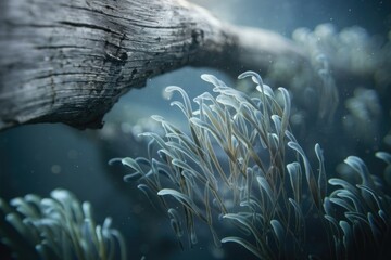 Aufkleber - Ethereal underwater scene with delicate, translucent aquatic plants swaying near a weathered log.