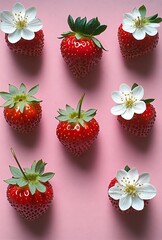 Poster - Arranged Red Strawberries and Blossoming Flowers on Pink Background : Generative AI