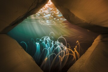Aufkleber - Underwater cave reveals ethereal light trails, creating a mesmerizing, dreamlike scene.