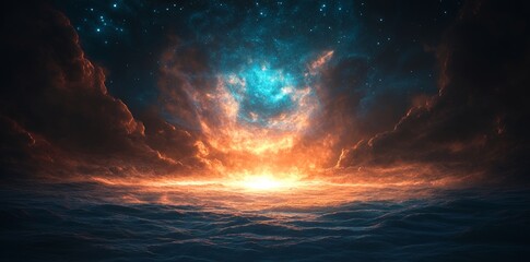 Poster - in the expanse of space, an object merges advanced tech with celestial energies, radiating beams tha