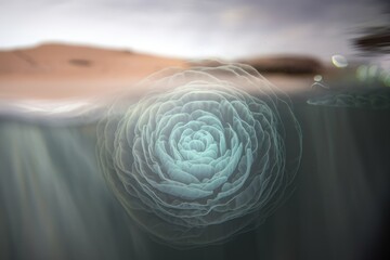 Aufkleber - An ethereal, underwater rose blooms against a blurred desert landscape, creating a surreal and dreamlike scene.