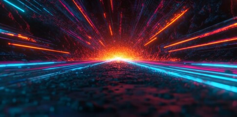 Poster - in a dark, futuristic setting, an advanced sci-fi streetscape comes to life with glowing neon lights