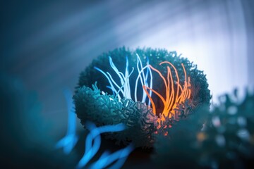 Poster - Microscopic view of a cell, showcasing intricate structures and glowing filaments, possibly representing cellular processes.
