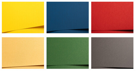 Poster - Colorful paper background set, overlapping layers in yellow, blue, red, peach, green, and gray. Minimalistic geometric design with smooth, matte textures creates a vibrant, elegant, and modern