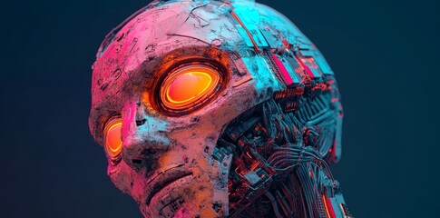 Poster - An advanced AI core is depicted in a detailed view, bathed in neon-lit circuits and data streams within a dark, cyberpunk environment
