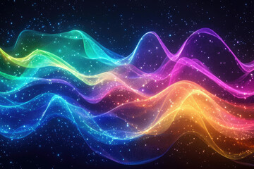 Poster - Rainbow-colored waves shimmer with glitter against a dark, starry background, creating a magical, cosmic scene.