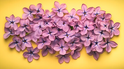 Poster - Lilac Petals on Vibrant Yellow Background for Fresh Spring Botanical Art Decor : Generative AI