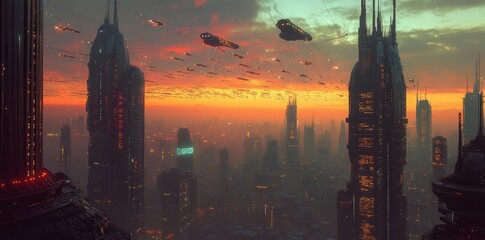 Poster - In a futuristic metropolis, towering structures, modern transportation methods, and woven technological systems coexist under a lively and vibrant sky