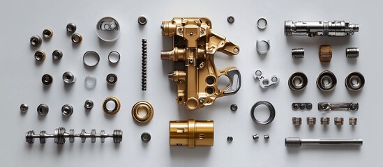 Wall Mural - Gold device disassembled on white background. Parts & components for repair or assembly