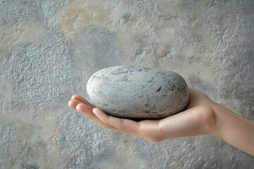 Poster - A hand gently cradles a smooth, grey river stone against a textured backdrop.